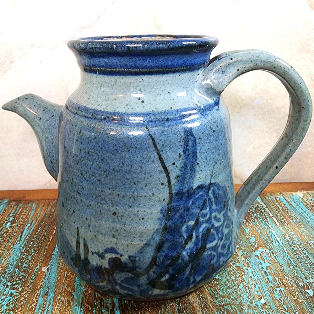 Artist Signed Studio Pottery Pitcher MCM Floral Stoneware